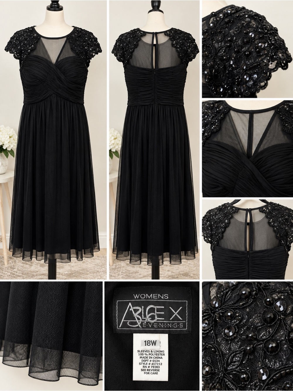 Alex Evenings Black Beaded Mesh Midi Dress